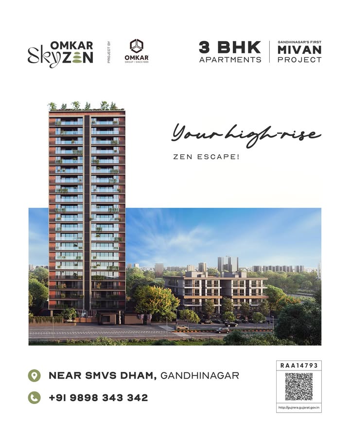 Omkar Group,  omkarskyzen, omkar, omkargroup, 3bhkhomes, 3bhk, luxuriousapartments, smvsdham, gandhinagar, mivanconstruction, mindfulness