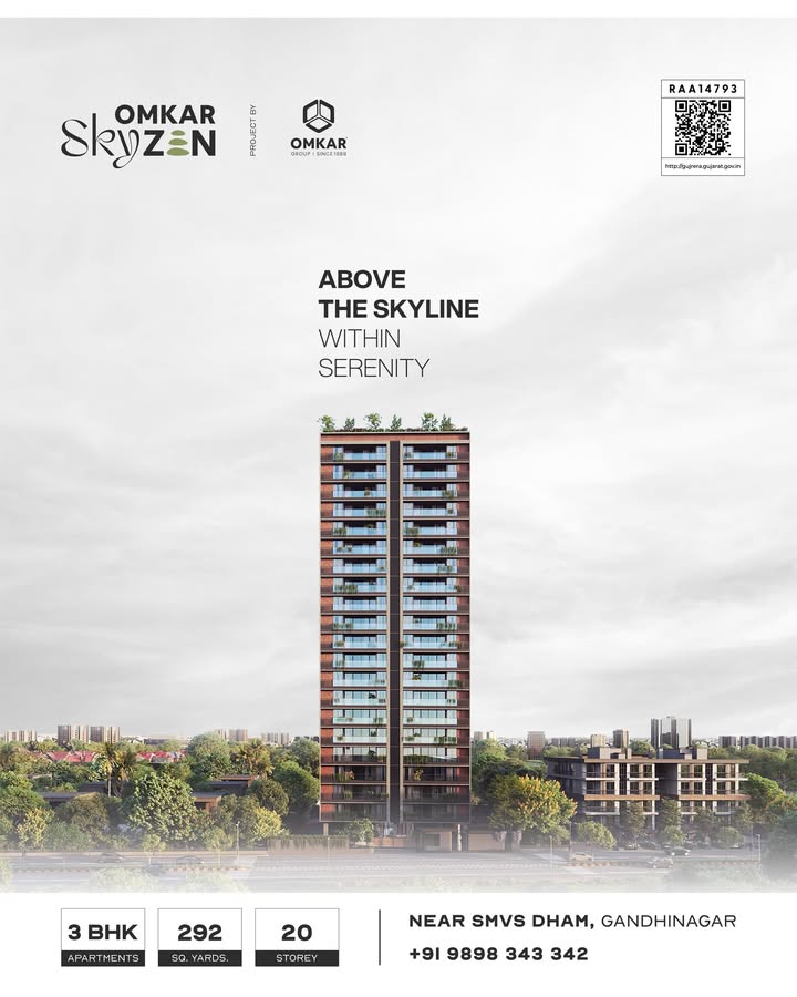 Omkar Group,  omkarskyzen, omkar, omkargroup, 3bhkhomes, 3bhk, luxuriousapartments, smvsdham, gandhinagar, mivanconstruction, mindfulness, 80units